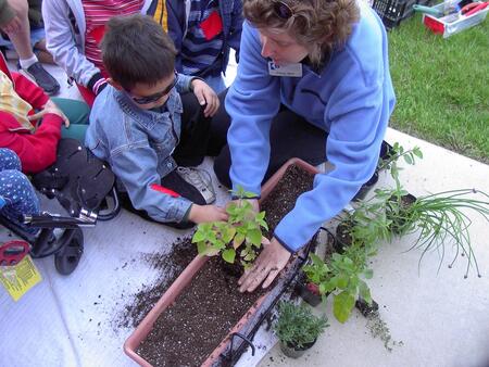 Master Gardener Elaine Weil works with children on planting plants