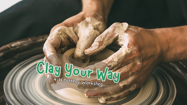 Hands molding clay on a spinning wheel with workshop title wording