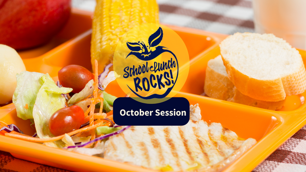 A school lunch tray with the School Lunch Rocks logo and "October session" text.