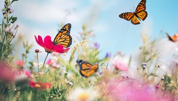 Monarchs fly and forage in a field of wildflowers