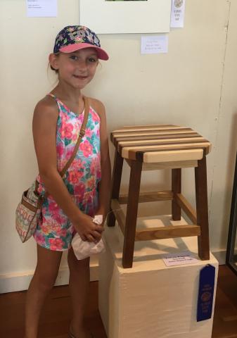 Evie Ribbing stands in front of her first woodcraft project, a stool with a multicolored top, which won a best overall ribbon at the Clinton County Fair in 2017. 