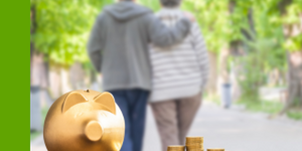 older couple walking. piggy bank with money outside of it.