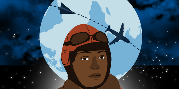 Image of Bessie Coleman in front of an image of a globe in the sky
