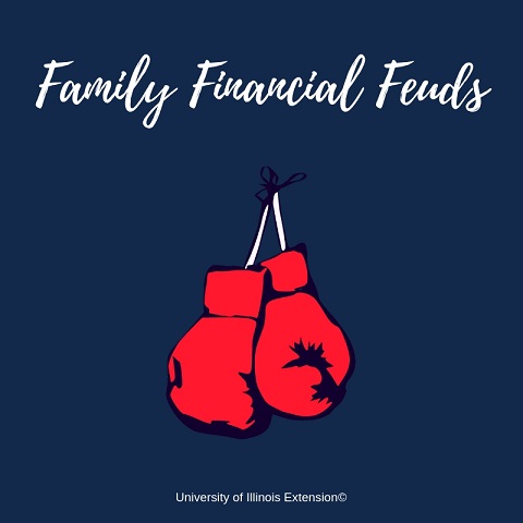 Illustration of boxing gloves with text "Family Financial Feuds"