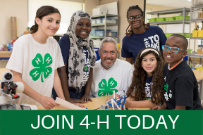 Group of four kids and one adult wearing 4-H shirts and smiling at the camera