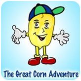 Corn wearing hat with invitation to great corn adventure