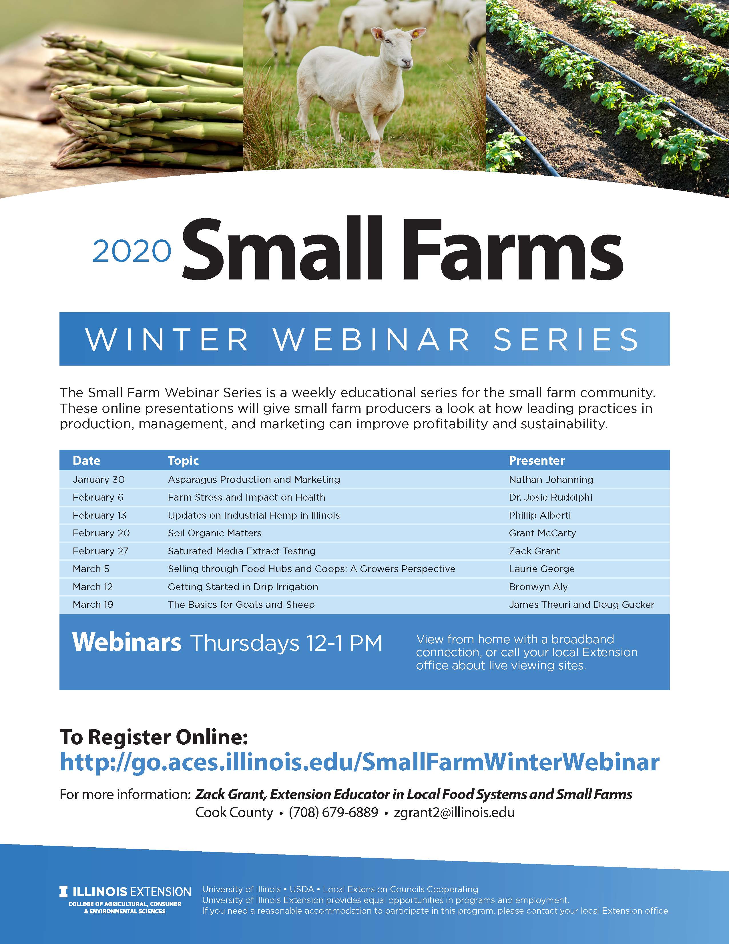 blue and white flyer announcing Webinar dates, authors, and topics