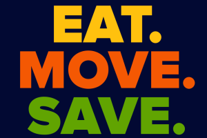 navy blue box with EAT in gold, MOVE in orange, and SAVE in green