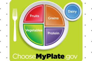 MyPlate logo - a plate with sections for daily, fruits, vegetables, grains and proteins