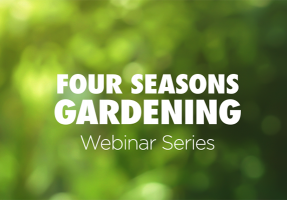 blurred green leaves in background with text "Four Seasons Gardening Webinar Series"