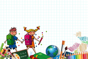 boy and girl with backpacks skipping over school supplies