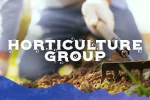 Graphic of closeup of person gardening with text "horticulture group"
