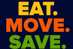 the words eat, move, save on a blue background