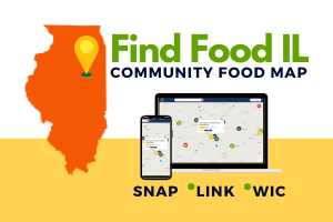 Orange outline of state of Illinois with text Find Food IL