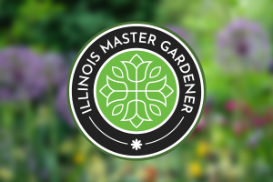 Illinois Master Gardener logo on blurred garden background
