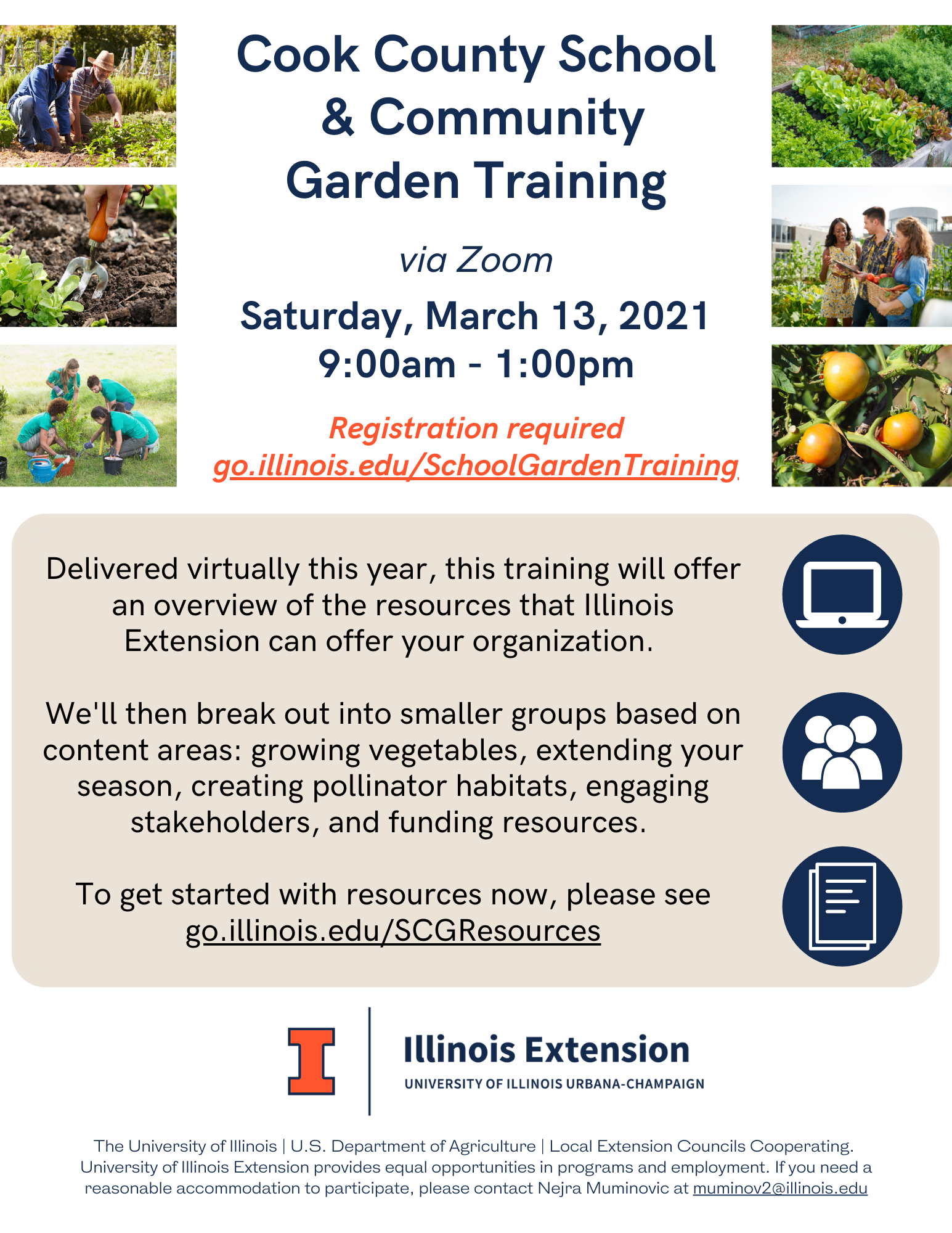 Flyer in blue and orange school colors announcing Date/Time.