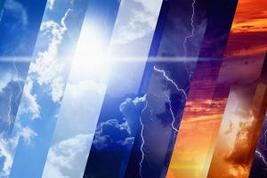 graphic of various weather sunny cloudy lightning sunset