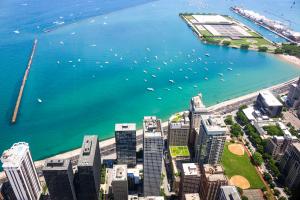 Aerial shot of Lake Michigan harbor with downtown area