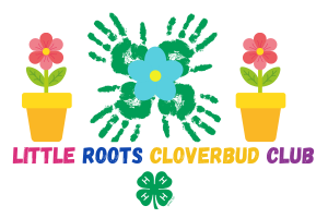 Little Roots Cloverbud Club text with flower pots and handprints