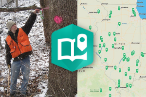 man spray painting tree next to screen grab of map directory