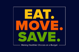 Eat Move Save in white outlined square with blue background