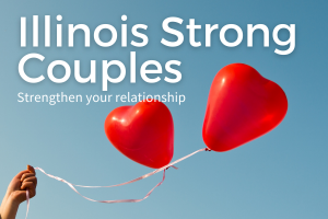 Two heart-shaped ballons with Illinois Strong Couples text over the top