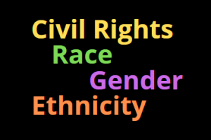 Words "civil rights," "race," "gender," and "ethnicity" in various colors on black background.