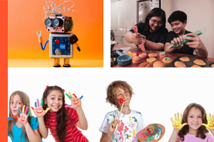 a robot, a boy frosting cupcakes with his mom, kids with paint on their hands