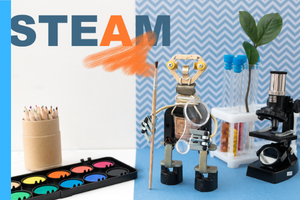 the word steam. on a table is colored pencils and paints, a robot and a microscope.