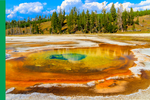 geyser shimmering in a rainbow of colors with steam rising from it