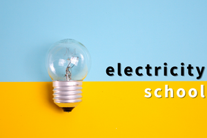 Light Bulb on blue and yellow background with the words electricity school