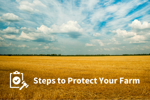 Wheat on farm and a cloudy sky with text that reads Steps to Protect Your Farm. 