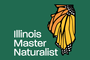 Green background with monarch butterfly wing in shape of Illinois with words "Illinois Master Naturalist"