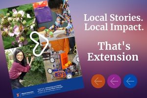 Annual Report book cover and local stories, local impact, that's Extension text