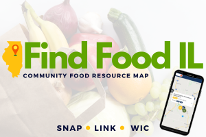words find food illinois community food map with the picture of a cell phone and the words snap, link, and wic
