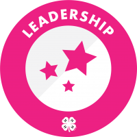 Pink circle with "leadership in white text" white circle with pink stars, 4-H clover at the bottom