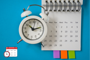 A white alarm clock on the left side with a blank calendar on the left side on a light blue background.