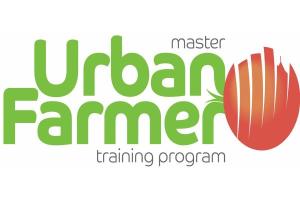 master urban farmer logo green text with sliced red tomato