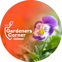 Viola flower with graphic: 2022 Gardeners Corner summer