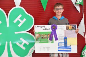 little boy holding 4-H project with blue ribbon and best of show ribbon