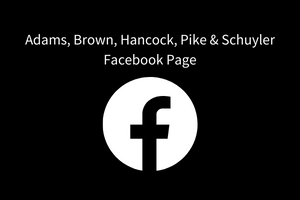 black background with a white Facebook logo. Text: adams brown hancock pike and schuyler facebook page