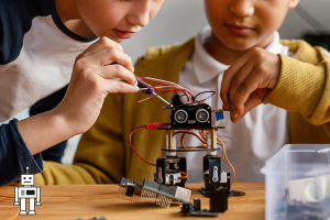 Two young boys using materials to build a robot