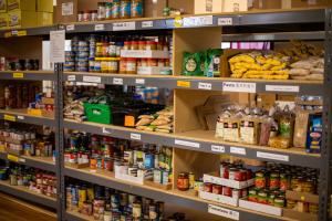 Shelves of different food in food pantry