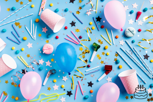 Party supplies - cups, candles, balloons, confetti, straws, party horns, candy, ribbon