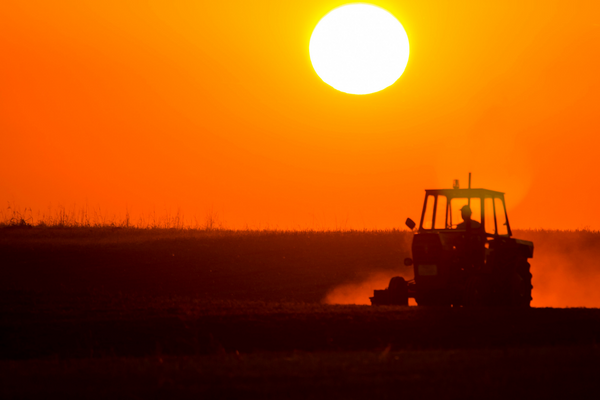 farmer plowing at sunset