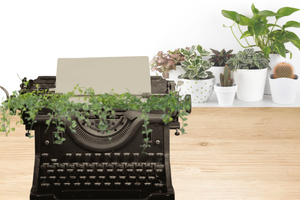 Potted plants behind plants growing out of a typewriter.