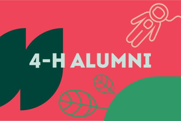 red background with the words 4-H Alumni, graphics of the outline of two leaves and an astronaut