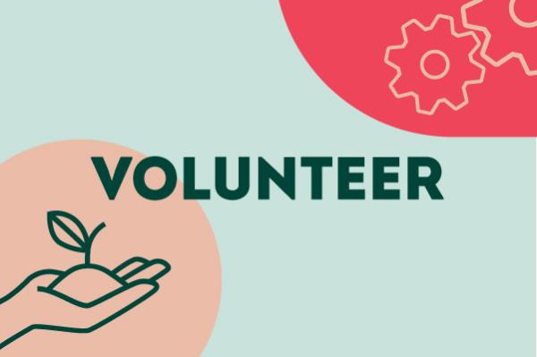 text volunteer with an outline image of a hand holding a seedline in the bottom left corner and gears in the upper right corner