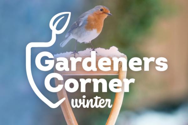 Gardeners corner winter words over bird on shovel handle