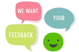speech bubbles with text: We Want Your Feedback on a white background